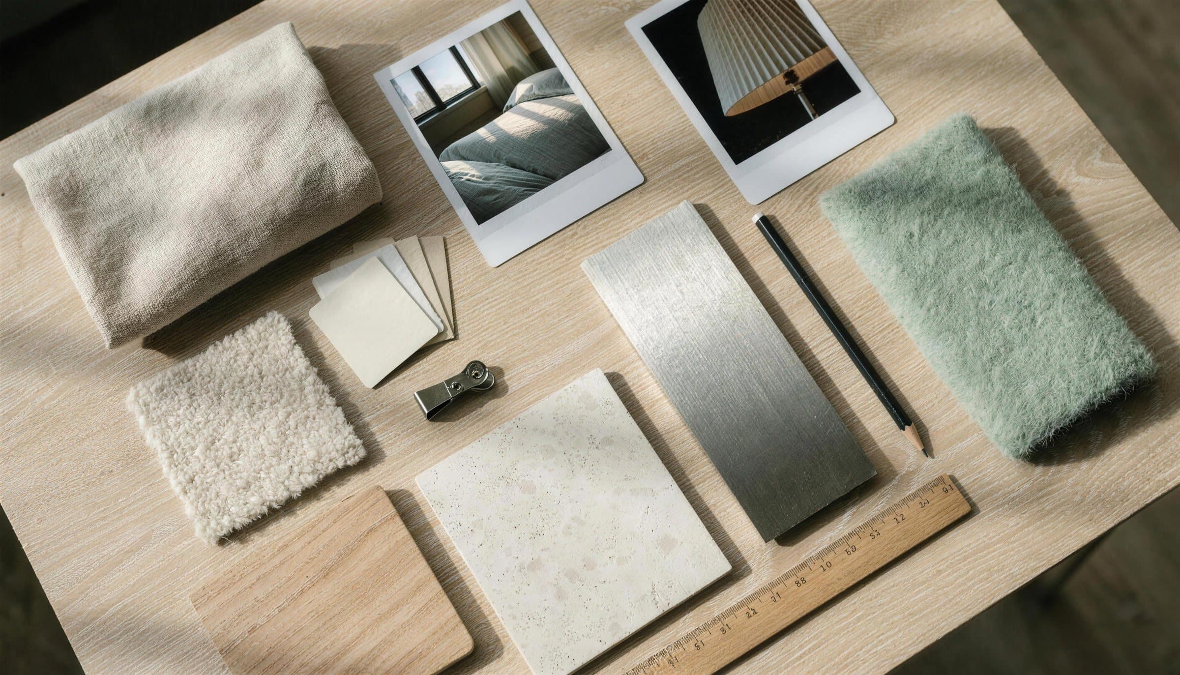 Moodboard för hotellrum: linne, bouclé, ljus ek, kalksten, borstat stål och salviagrön ull